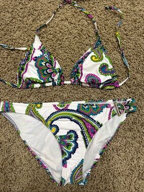 ABS Allen Schwartz White Paisley Triangle Bikini with Green, Blue & Pink Accents
